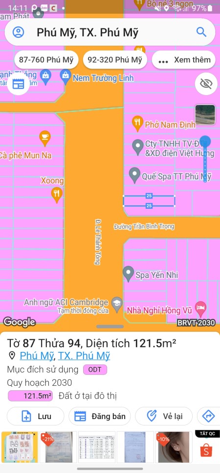 Bán đất mặt tiền đường Lê Thánh Tông TX.Phú Mỹ BRVT - 0934049374