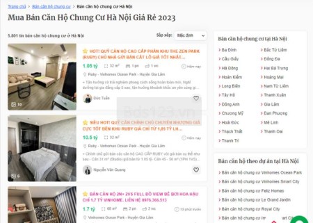 Bán nhanh chung cư Hà Nội chỉ duy nhất 1 tin VIP tại website BĐS