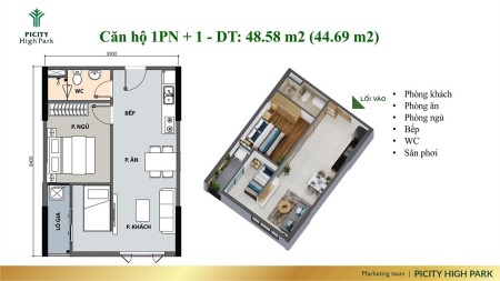 Bán căn 49m2 1PN+, Ck đến 20%, Chủ đầu tư hổ trợ lãi 18 tháng, trả góp nhiều đợt.