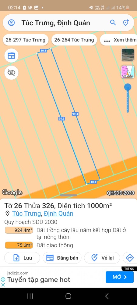Bán đất vườn mặt tiền đường nhựa 19m giá 990tr/1000m2 ở Túc Trưng, Định Quán, Đồng Nai.