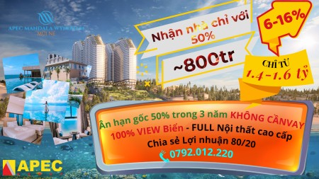 Chỉ 800tr nhận nhà full nt, ân hạn 50% trong 3 năm ko vay. Căn hộ 100% view biển - Chiết khấu 16%.