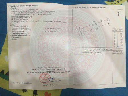 Bán đất trung tâm Biên Hoà, 110m2 đường nhựa 5m thông chỉ 2ty399