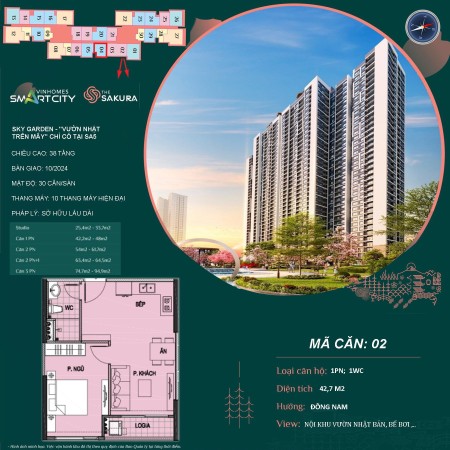 Bán căn 1N rộng 46,2m2 hướng Đông Nam view công viên Nhật Bản, giá nhỉnh 2 tỷ