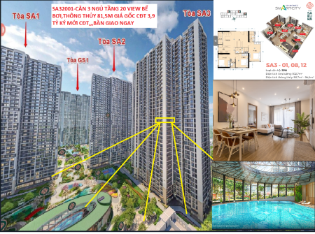 Chiếc khấu 1,1 tỷ căn 3PN tầng 20 Sakura SA3 89M view vườn nhật bể bơi, bàn giao ngay, ký mới CĐT