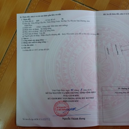Bán lô đất D37 Cầu Đỏ, Đạo Tú, Tam Dương. DT 100m2