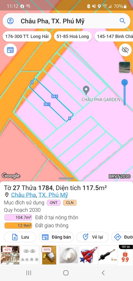 Chủ giảm giá sâu bán nhanh lô đất thổ cư 121m2 tại trung tâm Châu Pha, Phú Mỹ, Bà Rịa Vũng Tàu
