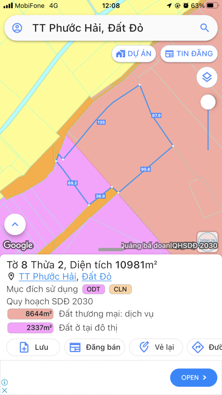 1ha đất TMDV ONT cách bờ kè Phước Hải 1km, sẵn 300tc, tiện kinh doanh KS, Resort, nghỉ dưỡng, 32tỷ