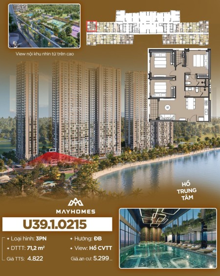 Bán căn 3pn giá tốt nhất Vinhomes Smart City. toà B Masteri 81m2 view nội khu. tầng thấp. giá 4,8tỷ