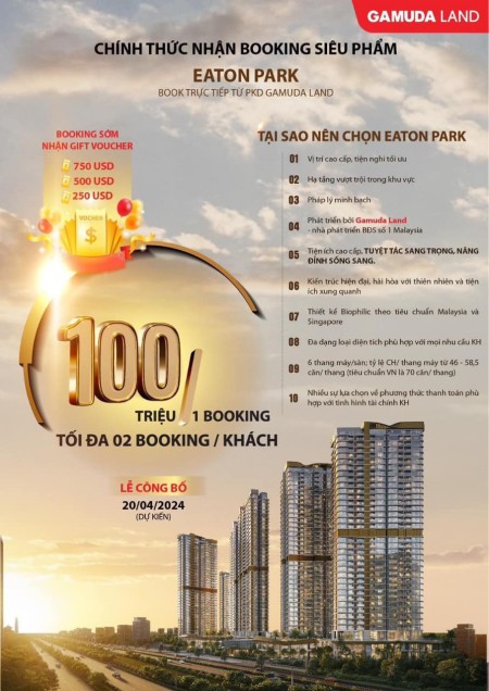 Bán căn hộ Eaton Park Quận 2 đợt 1 với giá nhận booking chỉ từ 100 triệu
