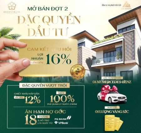 Biệt Thự Ven Sông Đảo Ngọc, CK 12%, NH vay 70%, Cam kết thu hồi lợi nhuận 16%, Vị trí 3 mặt sông PQ