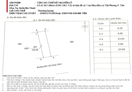 Chính chủ cho thuê nguyên lô dất số 361 (thửa cũ DO-LK2-12), KDC Tân Phong, P. Tân Hòa, Tp. BMT