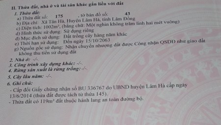 1002m2 - 100m2 Thổ cư đất Thôn Phúc Tân Xã Tân Hà, Huyện Lâm Hà, Lâm Đồng