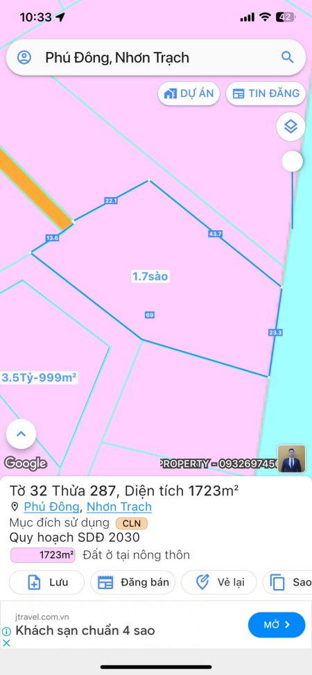 Kẹt tiền bán lô đất 1723m2 ( 35 X 50) mặt tiền sông Phú Đông, Ngay Gần KĐT Phú Mỹ Hưng Giảm 30%