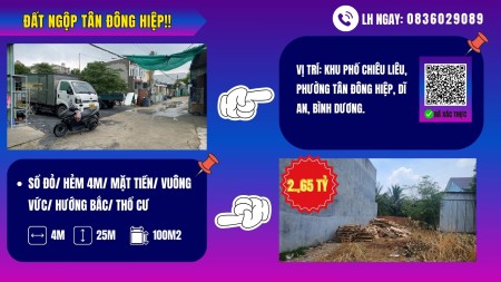 Bán lô đất Ngộp Siêu Rẻ: Ngay Tân Đông Hiệp, Bình Dương, 100m2, 2.5 tỷ, 0836029089