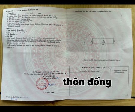 Chính chủ e cần tiền nên bán gấp Giá cực rẻ lô 112m2 (trên sổ 107,5m2) đất thôn Sơn Đồng Nguyên Khê