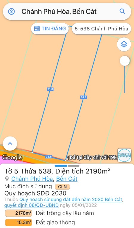 Cần bán đất phường Chánh Phú Hoà dt CLN 2190m2, đường trước đất cán nhựa; giá 6,2tr/m2