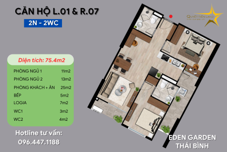Chung cư Eden Garden, Căn 75.4m2 2N 2VS Đông Nam VIEW Lê Lợi, nội thất liền tường giá chỉ 2.3xx tỷ