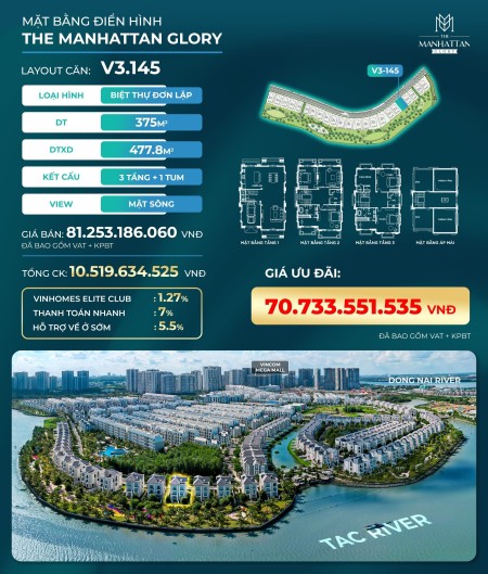 Duy nhất 04 căn biệt thự độc bản mua trực tiếp CĐT mặt sông vip nhất Vinhomes Grand Park