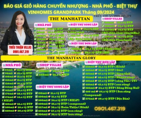 BÁO GIÁ GIỎ HÀNG CHUYỂN NHƯỢNG NHÀ PHỐ BIỆT THỰ VINHOMES GRANDPARK Tháng 09/2024