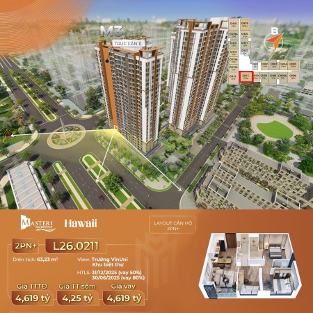 Bán căn hộ cao cấp Masteri 2N+ hướng ĐN giá chỉ 4,xx tỷ
