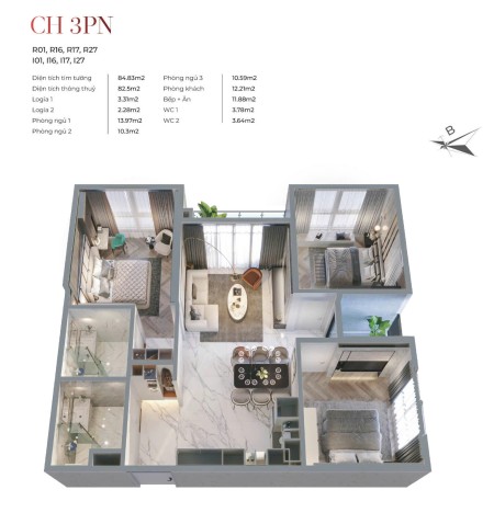 Bán căn hộ 3PN, DT 80,8m2, hướng ĐN-TN tại trung tâm quảng trường Hùng Vương TP Việt Trì