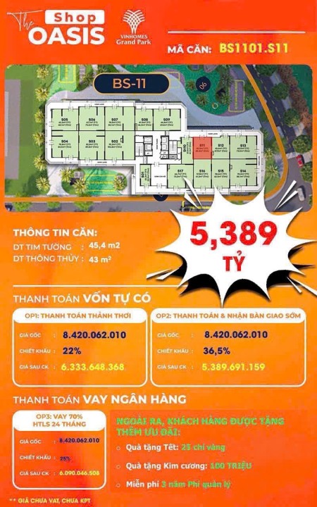 Bán SH Vinhomes Grand Park, tặng 25 chỉ vàng và kim cương 100tr, chiết khấu 36,5% giá 5.389tỷ 45.4m2