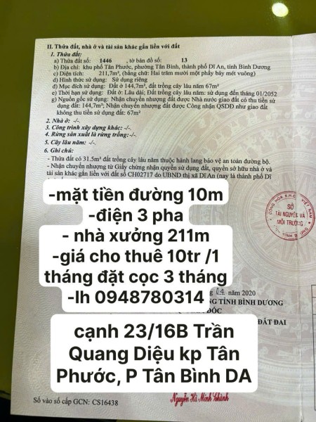 Cho thuê nhà xưởng 211m2 mặt tiền đường Trần Quang Diệu Dĩ An BD