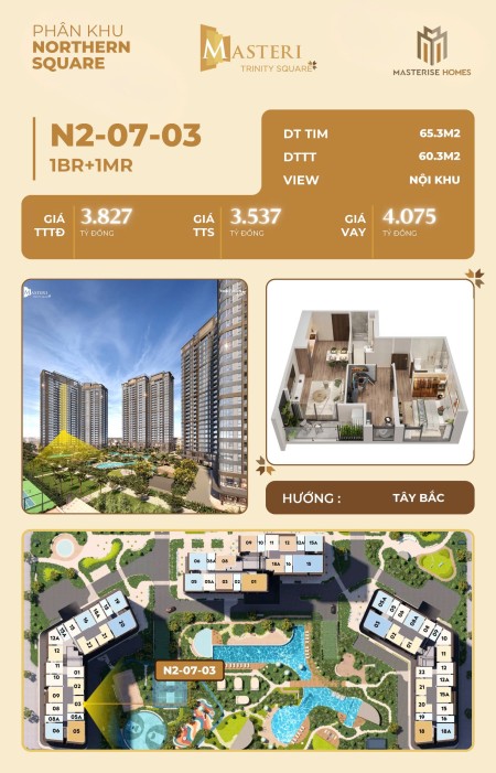  CƠ HỘI SỞ HỮU CĂN HỘ TUYỆT TÁC 2PN - 60,3M2 TẠI MASTERI TRINITY SQUARE 