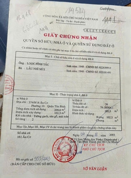 Bán nhà 1 trệt 2 lầu Hẻm 374 Âu Cơ P10 Tân Bình nhà mới siêu đẹp