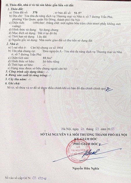 BÁN CĂN CHUNG CƯ ĐẸP Ở LUÔN * CHUNG CƯ 197 TRẦN PHÚ - HÀ ĐÔNG * TÒA A * CĂN 1804