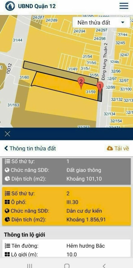 Bán lô đất MT ĐHT 02 PĐHT Q12 Dt 20 x 95 có 1856m thổ cư giá…