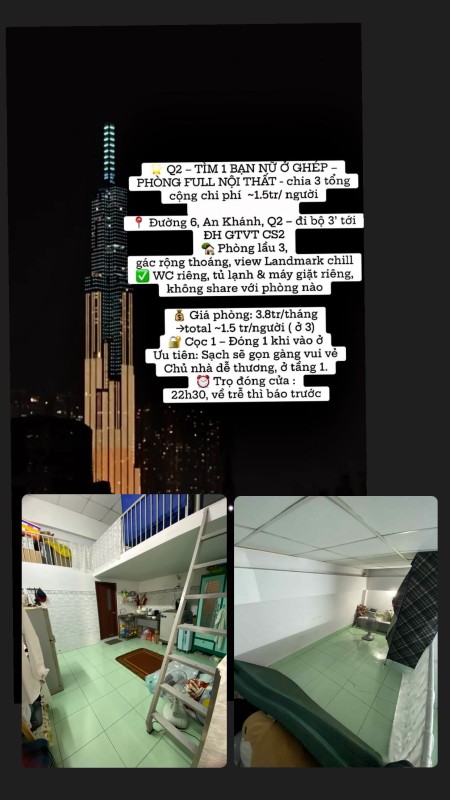 TÌM 1 BẠN NỮ Ở GHÉP PHÒNG FULL NỘI THẤT { ưu tiên nvvp, ít đồ } total ~1tr5 / ng ( ở 3)