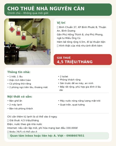 Tôi cần cho tìm người thuê nhà nguyên căn.