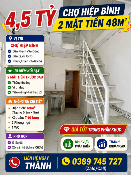  4,5 tỷ - CHỢ HIỆP BÌNH- 2 mặt tiền 48m2 