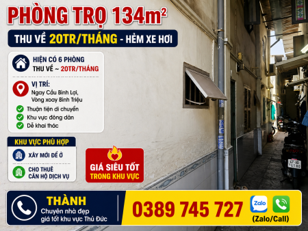 PHÒNG TRỌ 134m2 - Thu về 20tr/tháng - HẺM XE HƠI - ĐÃ CÓ SỔ, HOÀN CÔNG