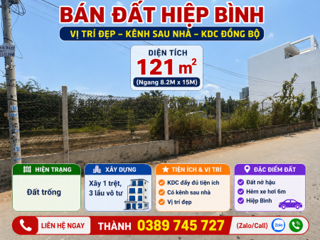 CỰC HOT - ĐẤT 121m2 chỉ 6 tỷ - Ngang 8.2m siêu hiếm - hẻm xe hơi Hiệp Bình