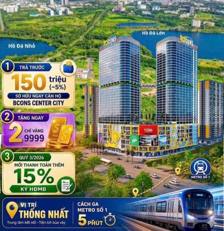 Chỉ cần 150 Triệu Sở hữu ngay căn hộ 2 phòng ngủ tại Bcons Center City