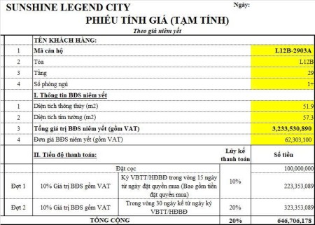 Cần bán căn hộ Dự án Sunshine Legend City đã đóng 20% đã đóng 647 cắt lỗ chỉ còn 447tr