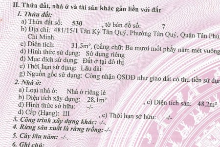 Chính chủ bán nhà SHR đi bộ Aeon 481/15/1 Tân Kỳ Tân Quý