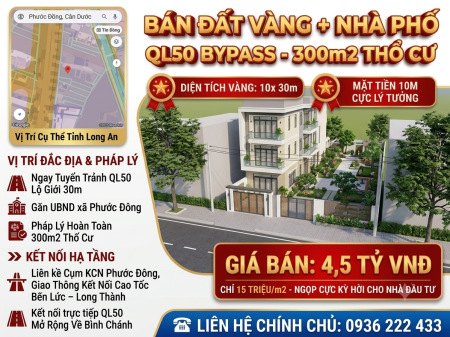 CHÍNH CHỦ BÁN: NHÀ ĐẤT 300M² MẶT TIỀN TUYẾN TRÁNH QL50 – TÂN LÂN CẦN ĐƯỚC