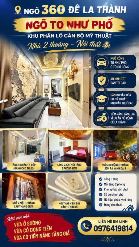  16,x TỶ – NHÀ 5 TẦNG NGÕ 360 ĐÊ LA THÀNH, Ô TÔ ĐỖ CỔNG
