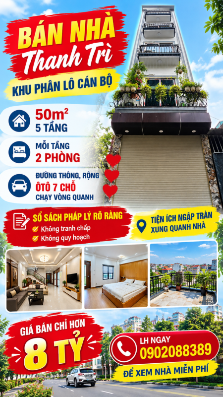 BÁN NHÀ THANH TRÌ khu phân lô cán bộ 50m² × 5 tầng, ô tô 7 chỗ thông, pháp lý rõ ràng