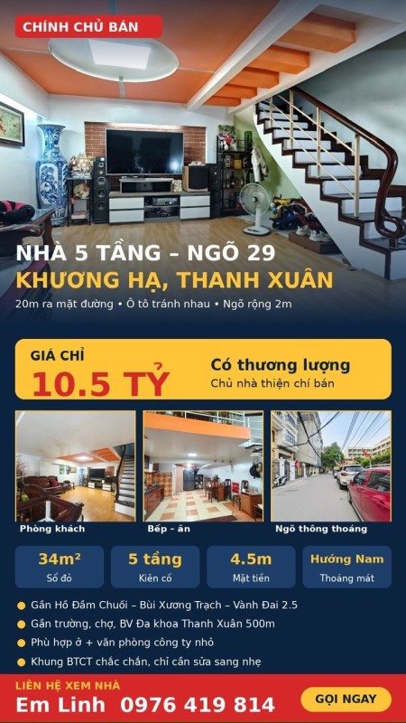  10,5 TỶ — NGÕ 29 KHƯƠNG HẠ THANH XUÂN • 34M² • 5 TẦNG • Ô TÔ TRÁNH • 20M RA ĐƯỜNG CHÍNH 