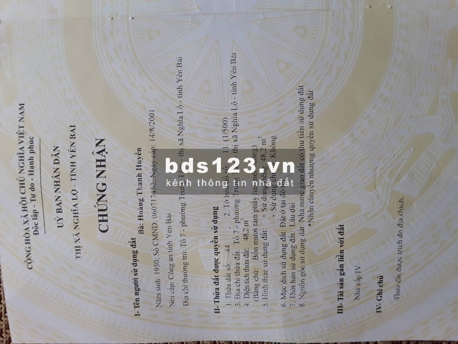 Bán nhà Nghĩa Tân, Tổ 7 phường Trung Tâm, Thị Xã Nghĩa Lộ, Tỉnh Yên Bái 48,2 m2 chính chủ 750 triệu