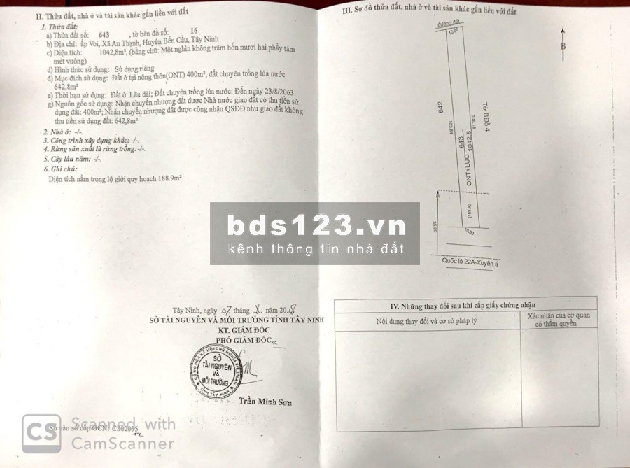Bán lô đất 1042m2 (có 400m2 thổ cư) đất mặt tiền QL 22 Xuyên Á - Bến Cầu. Đã san lấp bằng phẳng