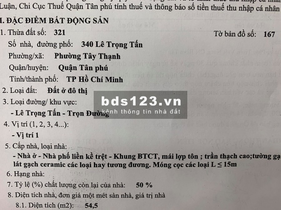 Cần bán gấp đất mặt tiền Lê Trọng Tấn phường Tây Thạnh Quận Tân Phú