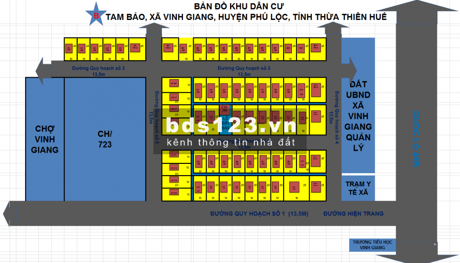 Bán đất KDC Tam bảo, Vinh Giang, Phú Lộc, Huế: Diện tích: 250m2 (10x25). Giá 415 triệu