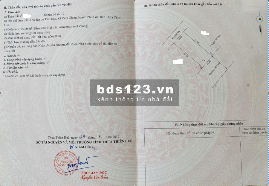 Bán đất KDC Tam bảo, Vinh Giang, Phú Lộc, Huế: Diện tích: 250m2 (10x25). Giá 415 triệu