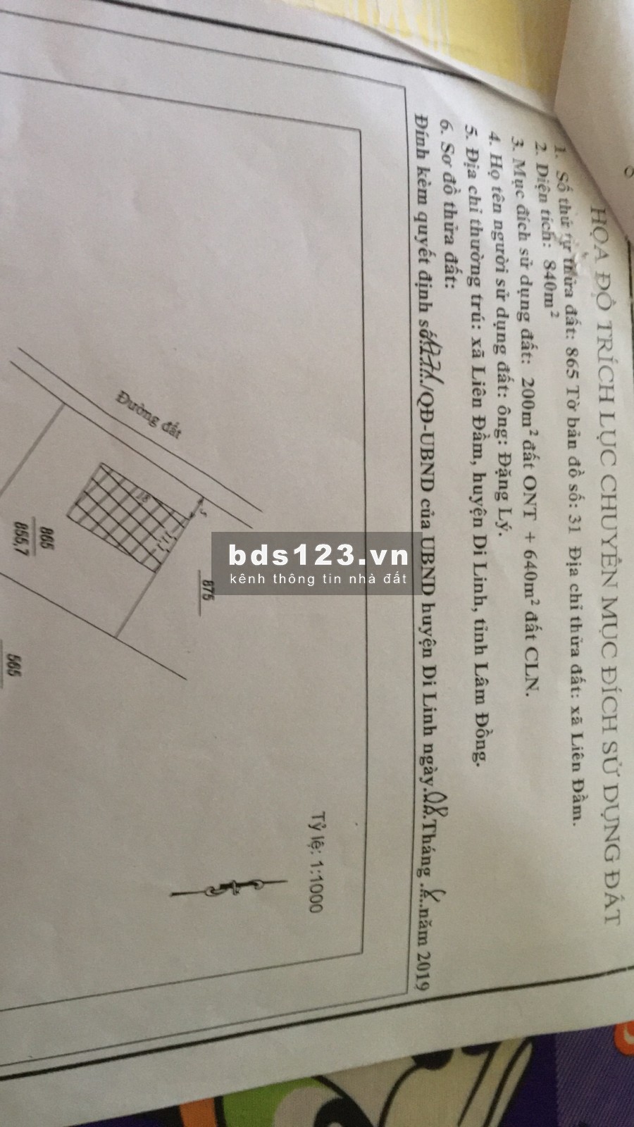 Đất sổ đó 840m2 ( có thổ cư)- sát Quốc lộ 20