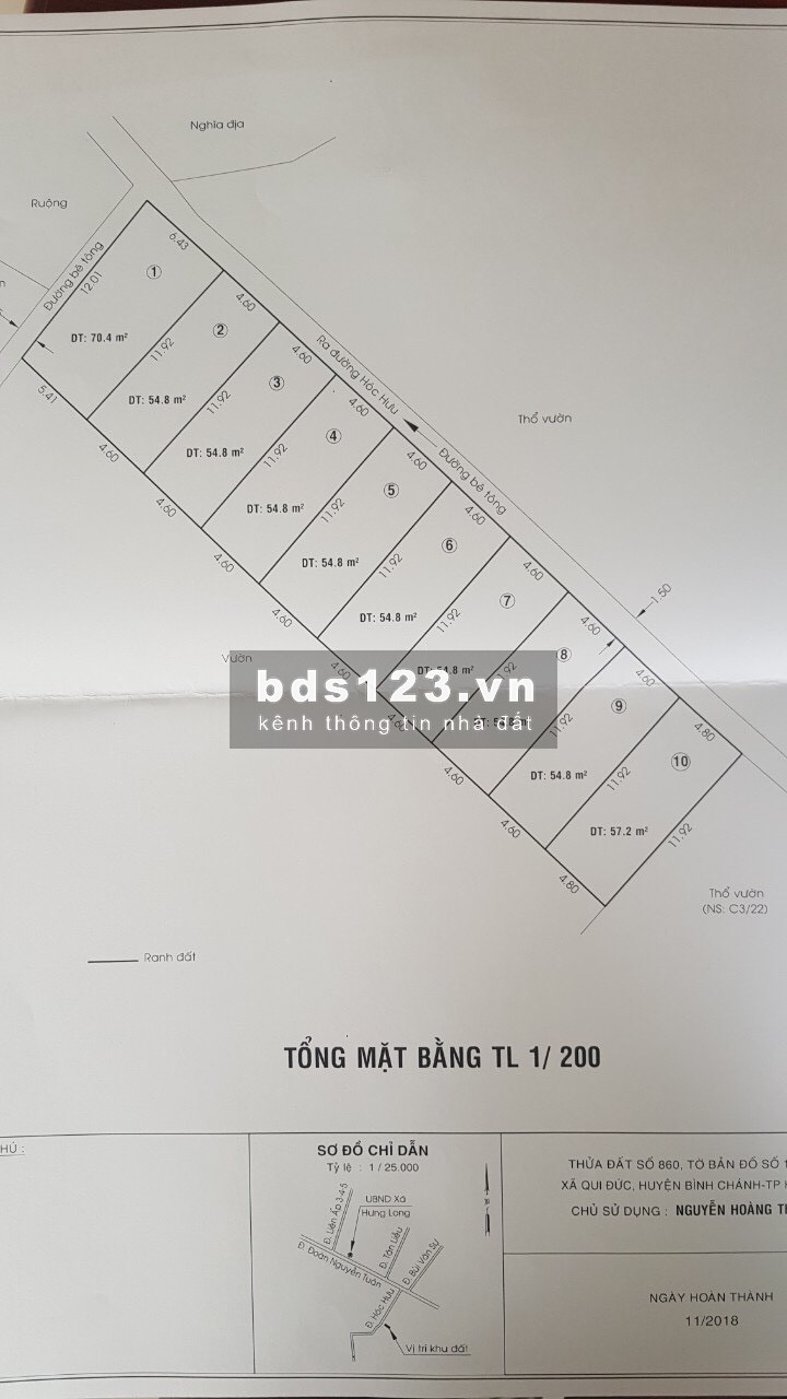 Bán đất 2 mặt tiền đường Hóc Hưu, Quy Đức, Bình Chánh. DT 566m2 ngang 12x48m, giá 1,8 tỷ SHR